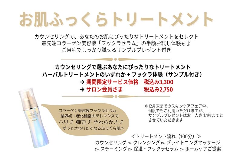 【期間限定お得メニュー】お肌ふっくらトリートメント｜青葉台でフェイシャル